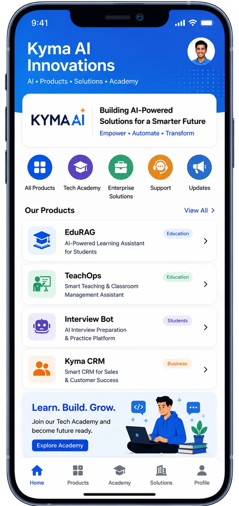 Mobile app interface mockup showcasing a Kyma AI SaaS product